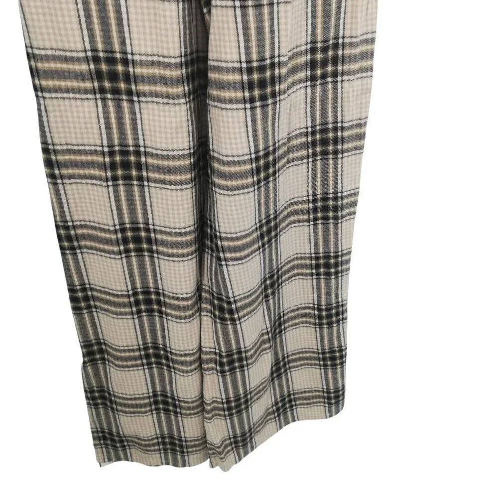 Maniere De Voir Plaid Flannel Wide Leg Pull On Elastic Waist Pants Size 8 Beige